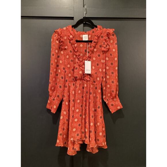 MISA Veruka maravi dots faux wrap Chiffon Long Sleeve Ruffled Mini Dress V Neck - Picture 11 of 12